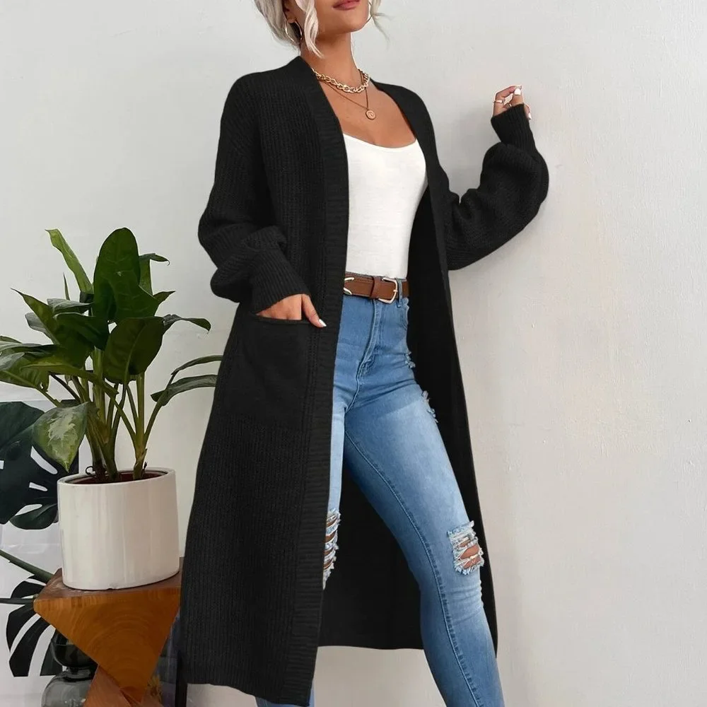 Black Preppy Womens Double Pocket Drop Shoulder Duster Cardigan - Picture 1 of 5